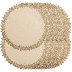 two round rugs with different designs on them, one in beige and the other in cream