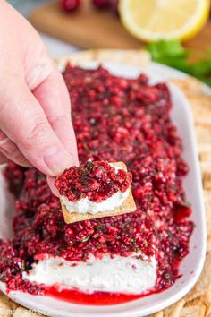 someone dipping cranberry sauce on top of a cracker