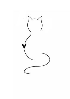 a black and white drawing of a cat with a heart in its mouth on a white background