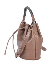 Composition: 100% Leather Textured Calf Leather Bucket Bag, Top Handle Faux Leather Bag With Textured Finish, Beige Calf Leather Bag With Adjustable Strap, Chic Textured Leather Bag, Leather Bucket Bag With Detachable Strap For Evening, Chic Brown Calf Leather Bucket Bag, Brown Leather Evening Shoulder Bag, Elegant Textured Faux Leather Bag, Evening Bag In Textured Faux Leather