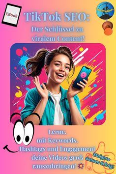 an advertisement for a video game called tik tok seo, featuring a woman holding