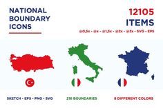 the national boundary icons are shown in different colors and sizes, including red, green, blue, and white