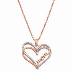 Lined with round-cut diamonds, this mom heart pendant necklace will be sure to melt her heart. Click on this JEWELRY & WATCHES GUIDE to learn about fit, styles, materials and more! Lined with round-cut diamonds, this mom heart pendant necklace will be sure to melt her heart. Click on this JEWELRY & WATCHES GUIDE to learn about fit, styles, materials and more! FEATURES Dimensions: 20mm x 20mm Chain length: 18 in. Chain type: box Clasp: spring-ring Metal: sterling silver Plating: 10k rose gold Fin Double Heart Cubic Zirconia Jewelry For Mother's Day, Personalized Diamond Jewelry For Mother's Day, Mother's Day Double Heart Cubic Zirconia Jewelry, Diamond Accented Jewelry For Anniversary On Mother's Day, Mother's Day Anniversary Jewelry With Diamond Accents, Diamond Jewelry Gift For Mom, Mother's Day Rose Gold Heart Necklace With Cubic Zirconia, Diamond White Heart Pendant Necklace For Mother's Day, Diamond Jewelry For Mom On Valentine's Day