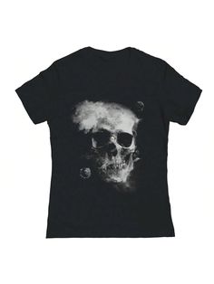 Black  Collar     Embellished   Women Clothing Grunge Crew Neck Shirt With Graphic Print, Alternative Skull Graphic Print T-shirt, Grunge Cotton T-shirt With Sublimation Print, Black T-shirt With Sublimation Print In Ring-spun Cotton, Punk Style Crew Neck Shirt With Graphic Print, Pre-shrunk Grunge Crew Neck Shirt, Pre-shrunk Crew Neck Grunge Shirt, Grunge Style Pre-shrunk Crew Neck Shirt, Cotton Grunge T-shirt With Skull Print