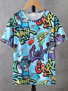 Multicolor Casual Collar Short Sleeve Polyester Cartoon,Letter,All Over Print  Embellished Medium Stretch  Tween Boys Clothing Sneaker Posters, Cartoon Letters, Boys Top, Boys Clothing, Boys T Shirts, Boy Fashion, Letter Prints, Printed Shorts, All Over Print