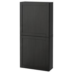 a tall black cabinet with two doors on one side and another door open to reveal the bottom