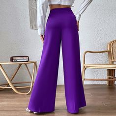 F00230900-204 Loosely Fitted Full Length Solid Dress Pants, Solid Straight Dress Pants With Elastic Waistband, Straight Dress Pants With Elastic Waistband, Wide-leg Stretch Dress Pants With Pockets, Stretch Wide-leg Dress Pants With Pockets, Fitted Solid Color Trousers, Elegant Full-length Purple Bottoms, Elegant Full Length Purple Bottoms, Wide Leg Purple Bottoms For Fall