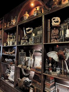 an old bookcase filled with books and figurines