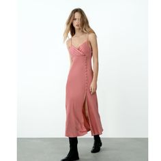 Zara Buttoned Slip Dress, Beige-Pink, Size L, Nwt Chic Pink V-neck Slip Dress, Chic Pink Midi Dress For Date Night, Pink Fitted Slip Sundress, Pink Fitted Sundress, Casual Pink Slip Dress For Day Out, Chic Pink Midi Dress For Brunch, Chic Pink Maxi Dress For Date Night, Feminine Pink Sleeveless Slip Dress, Casual Pink Spring Slip Dress