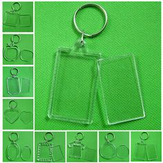 several pictures of different keychains and tags on a green background, including one with a heart