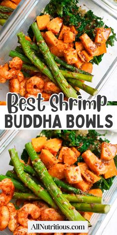 the best shrimp and asparagus bowl recipe is in two separate glass containers with text overlay