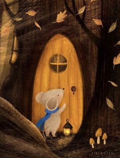 a drawing of a white mouse in front of a yellow door with leaves on it