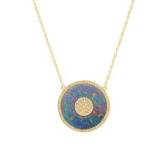 An update on our classic Evil Eye necklace, this handcrafted pendant features a pavé diamond pupil surrounded by a pastel hued opal with a shimmering pavé diamond border. Set in 18-karat yellow gold, the pendant is fixed to a delicate chain. An everyday signature, we love how easily this piece transitions from day to night. Fixed to a 16 inch, 14-karat link chain Pendant measures 0.75" across Spring ring clasp Made with love in Los Angeles Complimentary gift wrapping provided Diamond Cabochon Pendant Necklace, Fine Jewelry Opal Round Necklaces, Luxury Oval Opal Necklaces, Luxury Opal Pendant Necklace, Opal Multi-stone Pendant Necklace, Luxury Yellow Gold Opal Necklace, Luxury Opal Gemstone Necklaces, Luxury Opal Gemstone Necklace, Evil Eye Stone