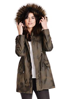 Inspired by Euro/urban streetwear trends, enter a fabulously-wearable anorak! Outside, the cool, edgy camo-print body is surpassed only by the the super-cool Dark Green Fox trim fur! Inside, a Black quilted lining in the body, sleeves and hood promises serious yet sleekly-compact warmth! A draw cord waist with adjustable cordlocks further add to the sleek silhouette AND trap body heat. Anorak styling includes a placket set with six snaps, concealing a zipper closure. Enjoy the convenient option Khaki Nylon Parka For Fall, Winter Camouflage Nylon Outerwear, Urban Camouflage Hooded Outerwear, Trendy Parka With Adjustable Hood For Fall, Urban Nylon Parka For Fall, Trendy Fall Parka With Adjustable Hood, Urban Camouflage Outerwear With Adjustable Hood, Trendy Camouflage Outerwear For Streetwear, Spring Camouflage Outerwear For Outdoor