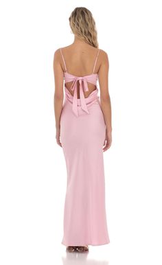 Satin Open Back Maxi Dress in Pink Pink Satin Bridesmaid Dresses Long, Pale Prom Dress, Simple Prom Dress Aesthetic, Sorority Formal Dresses Long, Ankle Length Formal Dress, Long Pink Birthday Dress, Ball Dresses Pink, Prom Dress Light Pink, Summer Semi Formal Dresses