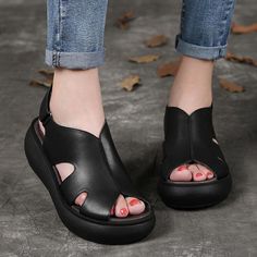 Item Type: Women ShoesMain Material: Cow LeatherStyle: Casual,ClassicSeason: Spring,SummerHeel Type: Mid HeelUpper Material: CowhideOutsole Material: RubberInsole Material: PigskinHeel Height: High Heel(5-8 cm) Size  length   cm   inch  34  21.00   8.27"  35  22.50   8.86''  36  23.00   9.06''  37  23.50   9.25''  38 Trending Womens Shoes, Women Casual Shoes, Summer Retro, Sheepskin Boots, Womens Shoes High Heels, Toe Sandals, Leather Wedges, Spring Shoes, Buy Shoes