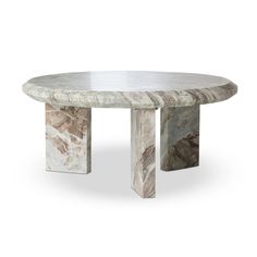 an oval marble table with two legs and a circular base, on a white background