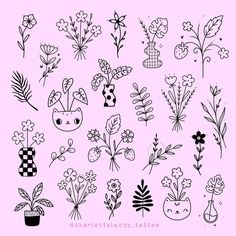 various flowers and plants drawn in black ink on a pink background