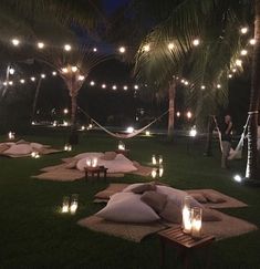 an outdoor area with lights and pillows on the grass, palm trees in the background