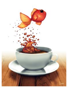 a painting of a fish in a cup of coffee