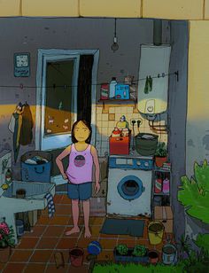 a cartoon girl standing in front of a kitchen filled with pots and pans next to a washing machine