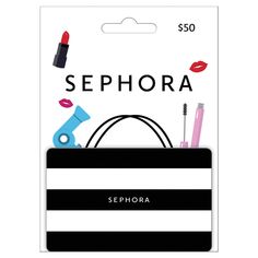 sephora gift card with lipstick, scissors and other items on it's front