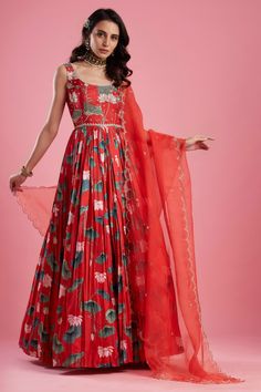 Editor's Note This set features a printed anarkali with organza dupatta. Color: Red Fabric: Dola Silk; Organza Care: Dry Clean Only About the Designer Aayushi Maniar label was founded in the year 2016. The brand defines luxury with comfort and modern design philosophy. Her styles comprise fashion-forward statement pieces like Cape tops, Pre draped sarees, Lehengas and Anarkalis. The aim is to keep traditional aspects with a fresh and renewed perspective that is perfect for a modern woman, a new Eid Red Anarkali Set With Sheer Dupatta, Red Anarkali Set With Sheer Dupatta For Eid, Red Semi-stitched Anarkali Set With Sheer Dupatta, Red Anarkali Set For Reception And Eid, Red Anarkali Set For Festive Season, Navratri Reception Dupatta With Digital Print, Digital Print Dupatta For Navratri Reception, Digital Print Dupatta For Reception And Navratri, Digital Print Dupatta For Reception At Navratri