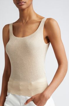 Shimmering threads bring understated glamour to this casual-staple sweater-knit tank with a scooped neck and ribbed hem. Scoop neck 89% viscose, 11% polyester Dry clean Made in Italy Designer Clothing Elegant Stretch Fine Knit Tank Top, Fitted Fine Knit Elegant Tank Top, Elegant Fine Knit Fitted Tank Top, Elegant Fitted Fine Knit Tank Top, Elegant Crew Neck Tank Top For Summer, Elegant Fitted Tank Top With Scoop Neck, Elegant Fitted Scoop Neck Tank Top, Elegant Stretch Crew Neck Tank Top, Elegant Crew Neck Stretch Tank Top