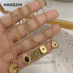 HangZhi 2021 New Korean Vintage Water Drop Star Round Bear Oval Pendant Necklace Geometric Gold Oval Pendant Necklace, Vintage Pendant Necklace, Dope Jewelry, Funky Jewelry, Girly Jewelry, Oval Pendant, Jewelry Inspo