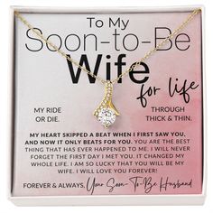 a necklace with the message, to my son - to - be wife for life