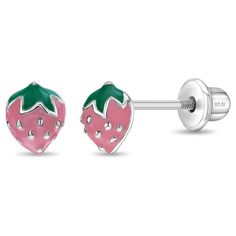 Make your little girl smile with these fun and adorable strawberry earrings! Entirely made of 925 sterling silver and hand-painted with enamel colors. These strawberry earrings are perfect for little girls' daily use. These cute earrings are hypoallergenic and suitable for children with sensitive ears. They feature threaded posts and a safety back system to ensure your child's earrings stay comfortably in place. Gift box included for easy gift giving! Age Group: Adorable for Toddlers and Young G Toddler Earrings, Teen Necklaces, Teen Earrings, Strawberry Earrings, Strawberry Baby, Baby Necklace, Teen Jewelry, Girl Smile, Baby Earrings