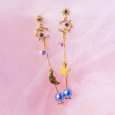 Earring Details: 18K Gold Vermeil Cubic Zirconia / Swarovski Crystals Anti-tarnish, Anti-allergy. Gold Moon, Moon Earrings, Blue Earrings, Stars And Moon, Gold Vermeil, Allergies, Cross Necklace, Swarovski Crystals, Gold Earrings