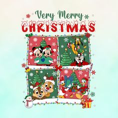 a christmas card with mickey mouse and other cartoon characters on it's front window