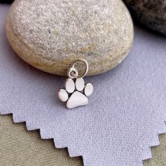 a small silver dog paw charm sitting on top of a rock next to some rocks