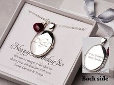 An engraved locket necklace:1. One shining, highly polished sterling silver locket (blank, engraved on one side or both sides with initials, greeting words, or bible verses).  Two photos can be inserted into the locket. Photo insertion service is also available at $14 per photo. 2. a wire-wrapped gemstone3. (free as a courtesy) an optional customized message card, laser-printed on heavy weight card stock and with a beautiful layout.4. a shining sterling silver cable chain closed with a lobster c Elegant Oval Pendant Locket Necklace As A Gift, Elegant Oval Pendant Locket Necklace Gift, Silver Oval Jewelry For Personalized Gift, Elegant Engraved Jewelry For Anniversary Gift, Elegant Jewelry With Engraving Option For Anniversary, Silver Locket Jewelry For Birthday Gift, Personalized Oval Pendant Necklace For Anniversary, Personalized Anniversary Necklace With Oval Pendant, Hallmarked Oval Pendant Locket Necklace For Wedding