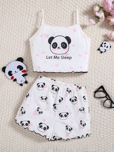 2pcs/Set Tween Girls' Cute Panda Print Camisole And Shorts Casual Sleepwear Set Multicolor     Animal,Cartoon,Letter Short Sets Slight Stretch  Tween Girls Clothing, size features are:Bust: ,Length: ,Sleeve Length: Multicolor Kawaii Sleepwear For Sleepovers, Kawaii Cotton Sets For Sleepover, Kawaii Short Sleeve Sleepwear For Sleepover, Cute Cartoon Print Sleep Sets, Casual Sleepwear, Pajamas For Kids, Panda Pajamas, Panda Lindo, Panda Shirt