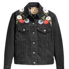 Gorgeous Floral Detailing! The Perfect Transitional Season Jacket! Casual Floral Embroidery Denim Jacket, Floral Painted Jean Jacket, Floral Embroidered Denim Jacket, Fitted Denim Outerwear With Floral Embroidery, Black Embroidered Denim Outerwear, Denim Duster, Levis Jean Jacket, Embroidery Denim, Womens Sherpa