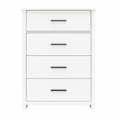 a white dresser with three drawers and two black pulls on the bottom drawer, against a white background