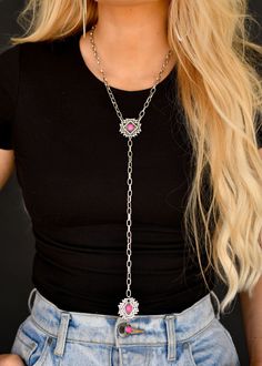 Faye Lariat Necklace 20" W/ 8" Tail Silver Chain Lariat Necklace with Pink Aztec Concho Accents Adjustable Metal Lariat Drop Necklace, Festival Lariat Necklace In Metal, Adjustable Metal Lariat Necklace, Festival Metal Lariat Necklace, Festival Necklaces With Adjustable Length, Festival Necklace With Adjustable Chain, Lariat Necklaces With Adjustable Length For Festivals, Adjustable Lariat Necklaces For Festivals, Festival Chain Necklace With Adjustable Chain