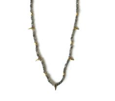 The Labradorite Simple Spike Long necklace is an absolutely exquisite piece. This is a great eclectic jewelry piece to accessorize in a flash. You will also love the necklace’s material composition as well.Each necklace is made of material such as Labradorite and gold plating. The necklace has an ideal length of twenty-eight inches. This accessory is an easy day to night wear switch as well.DESCRIPTION This simple Labradorite and mini 18kt gold plated spike accented necklace is the perfect pair Gold Necklaces With Gemstone Beads For Festivals, Gold Jewelry With Gemstone Beads For Festival, Gold Necklace With Natural Stones For Festivals, Gold Faceted Long Beaded Necklace, Bohemian Gold Necklace With Faceted Details, Bohemian Gold Faceted Necklace, Gold Brass Necklaces With Gemstone Beads, Gold Brass Necklace With Gemstone Beads, Eclectic Jewelry