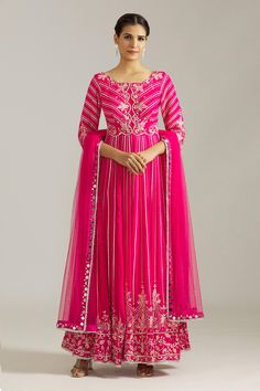 Pink anarkali with embroidered floral motifs and gota patti embellishments. Comes with farsi pant and dupatta.
Components: 3
Pattern: Embroidered
Type Of Work: Gota patti
Neckline: Scalloped
Sleeve Type: Three quarter
Fabric: Net,Georgette
Color: Pink
Other Details: 
Attached lining
Closure: 
Pant: Elasticated waistband
Anarkali: Front Hook
Occasion: Mehendi and Haldi,Sangeet - Aza Fashions Pink Anarkali, Fashion App, Floral Motifs, Pant Set, Set For Women, Anarkali, Aza Fashion, Floral Motif, Sleeve Type