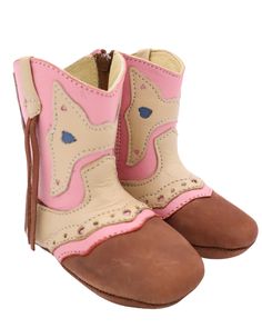 Our bestselling "Addi" boots are designed with light pink and brown leather that make this boot a perfect for match almost any outfit! The added fringe gives "Addi" the perfect amount of uniqueness every little cowgirl wants! Made from real leather these cowgirl boots are made to last! Shea baby boots come in sizes starting at 3-6m & go up to size 12 toddler. Our boots are made from real leather & are comfortable for our smallest to walking boot wearers! Size Chart for Shea Baby Infant Boots: Si Toddler Girl Cowboy Boots, Baby Cowgirl Boots, Pink Leather Western Heeled Boots, Infant Cowgirl Boots, Pink Leather Mid-calf Boots With Round Toe, Fringe Boots, Pink And Brown, Baby Boots, Walking Boots