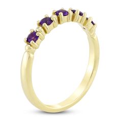 Make your celebration sparkle with this regal amethyst stackable ring. 10K yellow gold Five round natural amethysts—the birthstone of February—gleam along the center Mix and match with other gemstone rings as a way to honor loved ones' birthdays (sold separately) Yellow Gold Amethyst Birthstone Ring, Stackable Amethyst Birthstone Promise Ring, Yellow Gold Amethyst Ring With Round Cut Accent Stones, Yellow Gold Amethyst Ring With Accent Stones, Round Cut, Purple Stackable Round Birthstone Ring, Yellow Gold Amethyst Ring With Round Cut, Fine Jewelry Amethyst Birthstone Ring In Round Band, Classic Yellow Gold Amethyst Birthstone Ring, Fine Jewelry Amethyst Birthstone Ring With Round Band