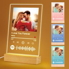 an illuminated photo frame with music player and sound waves on the side, along with four different color options