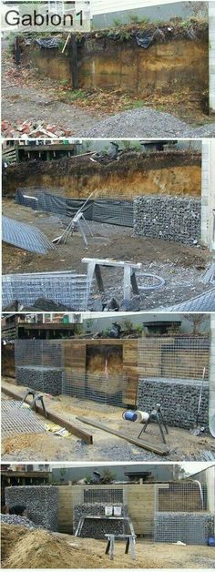 several different views of the inside of a building with metal bars and fencing around it