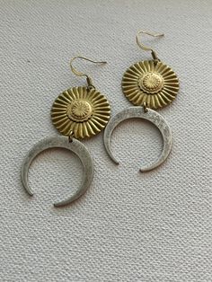 "Mixed metal brass and silver plated brass sun and moon earrings.  Lightweight and great everyday earrings. approximate 2.5\" length" Sun And Moon Earrings, Sun Earrings, Moon Earrings, Sun And Moon, Everyday Earrings, Mixed Metals, Bohemian Jewelry, Auburn, Jewelry Earrings Dangle