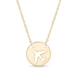 This miniature cut-out airplane design disc-shaped necklace fashioned in 14K gold is centered along a 16.0-inch rope chain, with a 2.0-inch extender, that secures with a spring-ring clasp. Airplane Necklace, Airplane Design, Word Love, Font A, Necklace Clasps, Disc Necklace, Travel Inspired, Chain Ring, Rope Chain