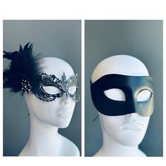 These masks take inspiration from the enchanting Venetian tradition, adding a touch of timeless charm to your attire. Whether you're attending a grand masquerade ball, a themed gala, or simply seeking to add a touch of elegance to your evening, this mask set ensures you and your partner will be the center of attention.


Age Group/Gender - Adult/Unisex

Size/Type - One size fits all adults

Mask Color - Black

Mask Material - Men's: Polyresin, Women's: Laser cut metal
Women's Brooch Embellishmen Fitted Black Masquerade Mask For Mardi Gras, Elegant Black Formal Mask, Elegant Black Mask For Costume Party, Fitted Black Masks For Costume Party, Fitted Black Masquerade Mask For Carnival, Elegant Black Masquerade Mask For Halloween, Black Formal Eye Mask, Formal Black Eye Mask, Elegant Black Costume Accessories For Mardi Gras