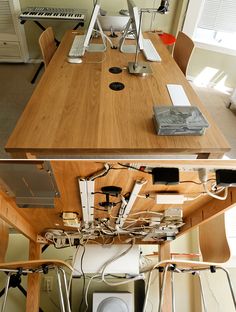 the table is made out of wood and has wires attached to it