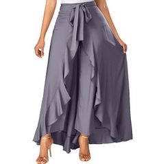 High Waist Asymmetric Ruffled Hem Long Skirt Trousers Women Casual, Culottes Skirt, Mode Kimono, 2020 Fashion Trends, Ruffle Pants, Party Skirt, Elegant Skirt, Maxi Skirts, Gray Skirt